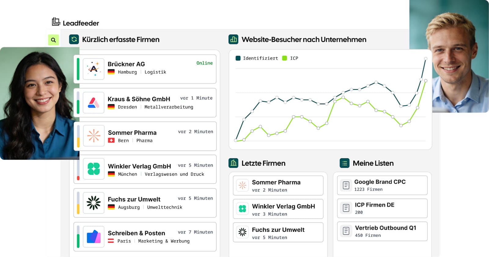 Dashboard des Tools Leadfeeder mit einer Liste von Unternehmen, deren Besuch auf einer Firmenwebsite erkannt wurde.