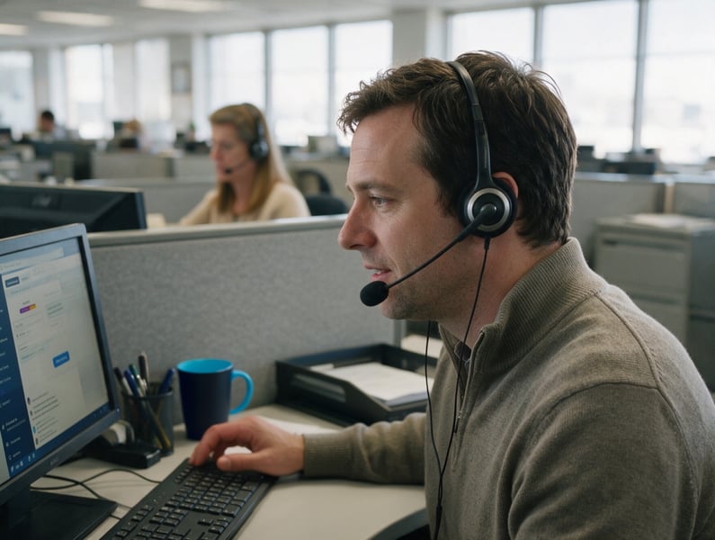 Telefon-Mitarbeiter mit Headset im Gespräch an seinem Arbeitsplatz, im Hintergrund eine Kollegin am Telefon